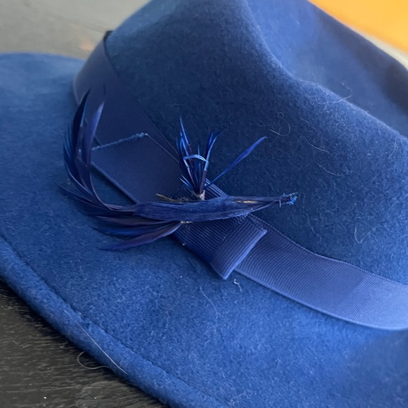 Vintage Lancaster Royal Blue Wool Fedora Hat Feather Accent Made USA Size M - Picture 3 of 12
